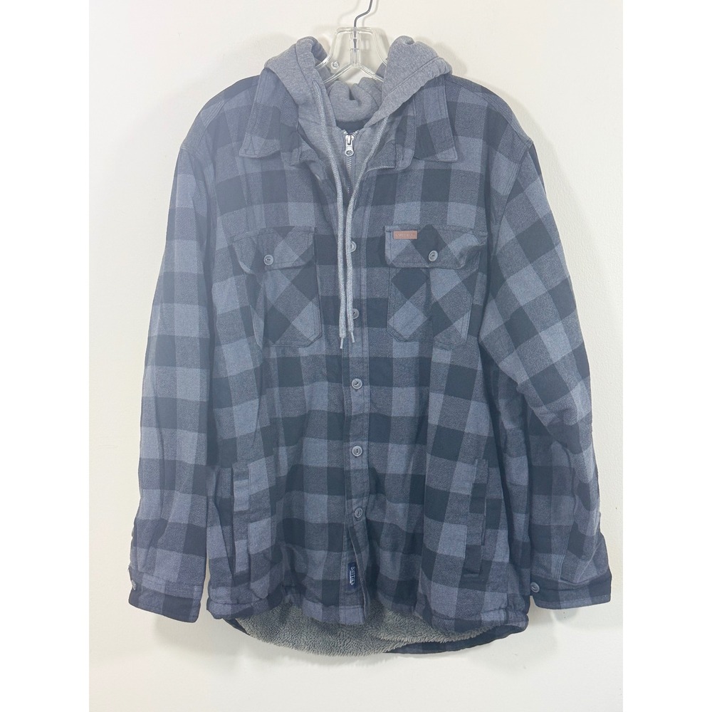 Smith's Workwear Jacket Men's XL Black Gray Plaid Sherpa Lined Hooded Shacket